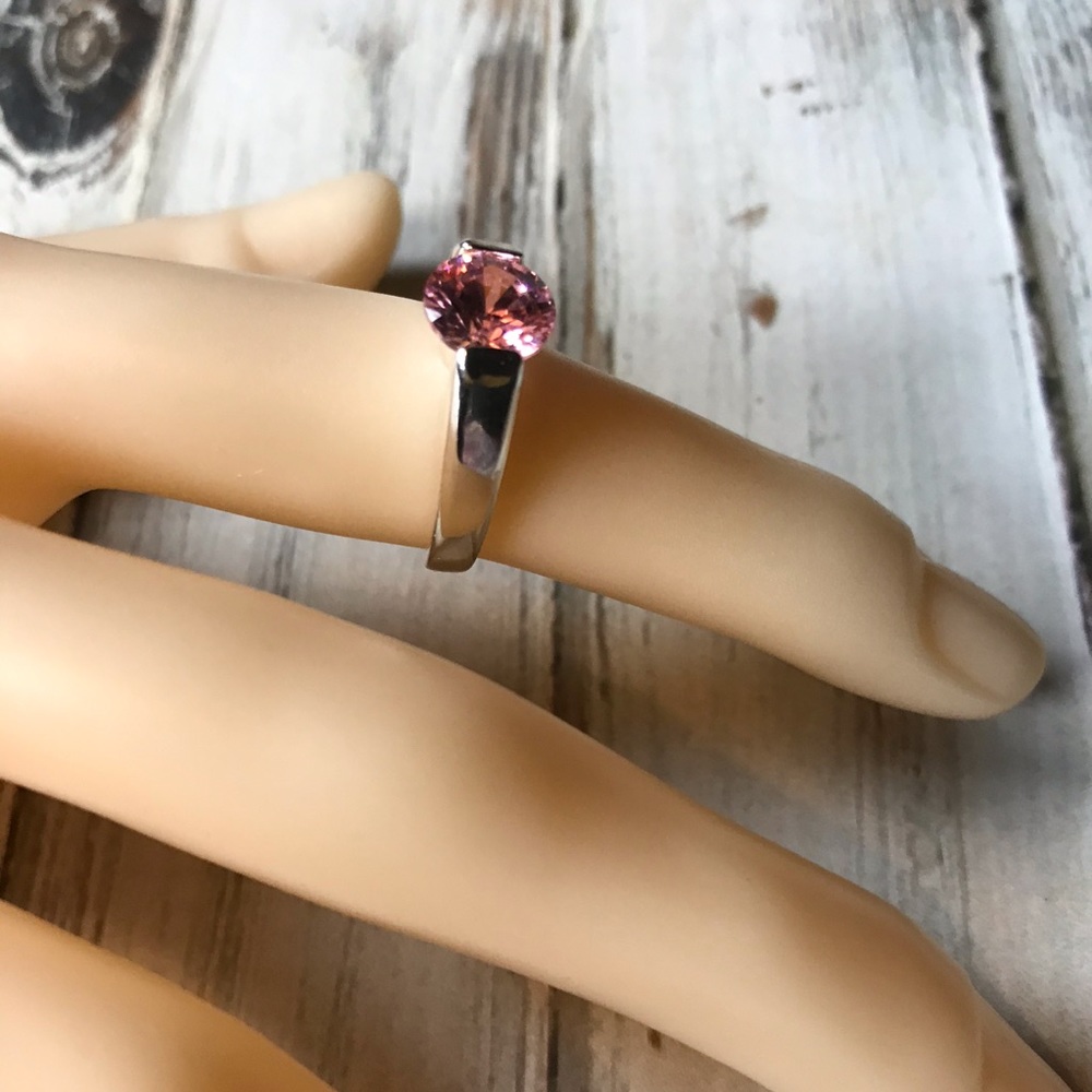 Bright pink morganite stone ring marked 925